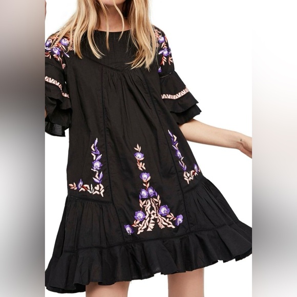 Free People Dresses & Skirts - NWOT Free People Black Dress with Purple Embroidery